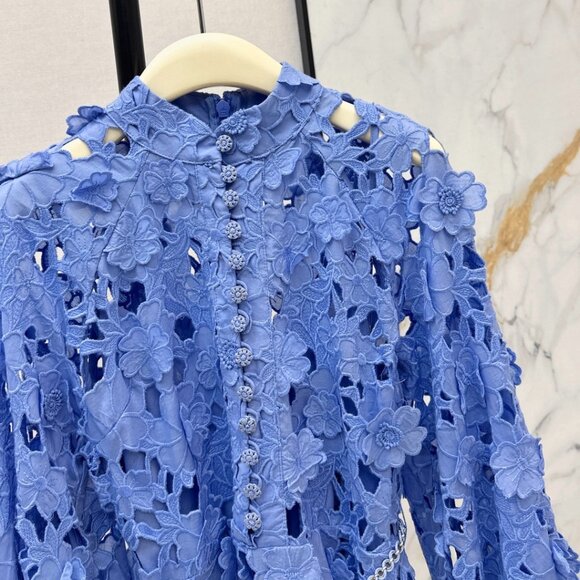 Zimmermann Blue Lace Mini Dress Long Sleeve Floral Lace Belted Dress - Picture 5 of 9